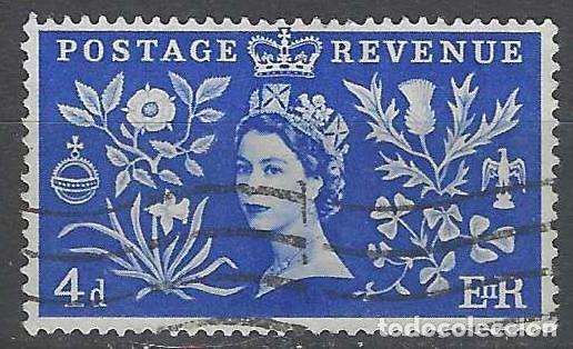 Sellos: GRAN BRETA&Ntilde;A 1953 - CORONACI&Oacute;N DE LA REINA ISABEL II, AZUL MARINO - USADO