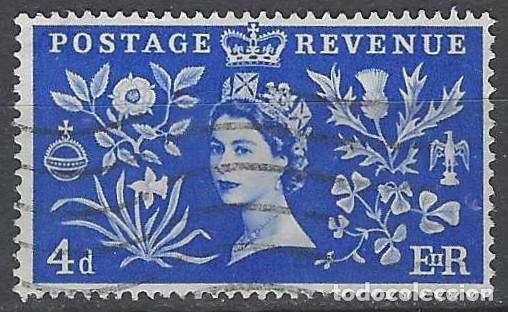 Sellos: GRAN BRETA&Ntilde;A 1953 - CORONACI&Oacute;N DE LA REINA ISABEL II, AZUL MARINO - USADO