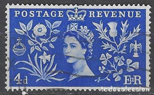 Sellos: GRAN BRETA&Ntilde;A 1953 - CORONACI&Oacute;N DE LA REINA ISABEL II, AZUL MARINO - USADO