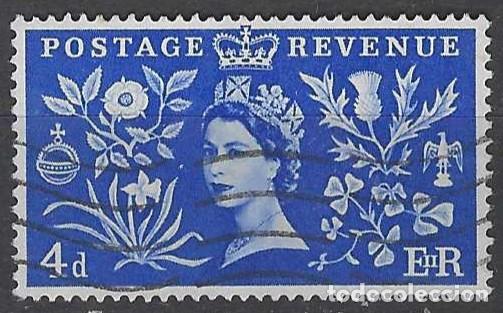 Sellos: GRAN BRETA&Ntilde;A 1953 - CORONACI&Oacute;N DE LA REINA ISABEL II, AZUL MARINO - USADO