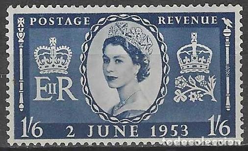 Sellos: GRAN BRETA&Ntilde;A 1953 - CORONACI&Oacute;N DE LA REINA ISABEL II, 1,6SH&acute;P INDIGO - MH*