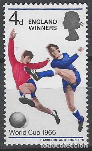 Sellos: GRAN BRETA&Ntilde;A 1966 - CAMPEONATO MUNDIAL DE F&Uacute;TBOL, SONREIMPRESO INGLATERRA GANADORA - MH*