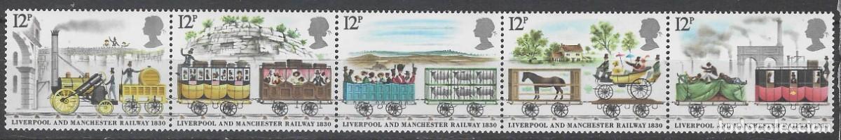 Sellos: GRAN BRETA&Ntilde;A 1980 - 150&ordm; ANIV. DEL TRAYECTO FERROVIARIO LIVERPOOL-MANCHESTER, TIRA DE 5 - MNH**
