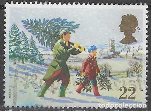 Sellos: GRAN BRETA&Ntilde;A 1990 - NAVIDAD, LLEVANDO EL PINO - USADO