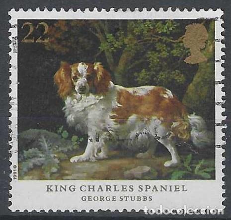Sellos: GRAN BRETA&Ntilde;A 1991 - PERROS, SPANIEL DEL REY CARLOS, PINTURA DE GEORGE STUBBS - USADO
