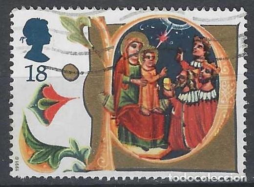 Sellos: GRAN BRETA&Ntilde;A 1991 - NAVIDAD, MANUSCRITO DEL SIGLO 14, ADORACI&Oacute;N DE LOS MAGOS - USADO