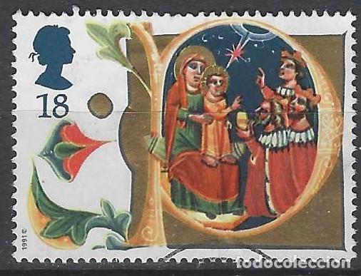 Sellos: GRAN BRETA&Ntilde;A 1991 - NAVIDAD, MANUSCRITO DEL SIGLO 14, ADORACI&Oacute;N DE LOS MAGOS - USADO