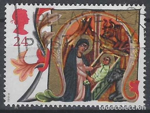 Sellos: GRAN BRETA&Ntilde;A 1991 - NAVIDAD, MANUSCRITO DEL SIGLO 14, JES&Uacute;S EN LA CUNA - USADO