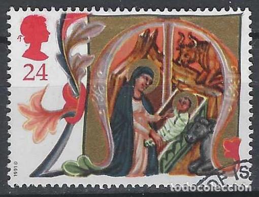 Sellos: GRAN BRETA&Ntilde;A 1991 - NAVIDAD, MANUSCRITO DEL SIGLO 14, JES&Uacute;S EN LA CUNA - USADO