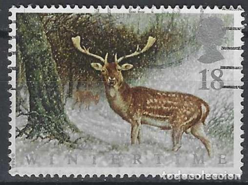 Sellos: GRAN BRETA&Ntilde;A 1992 - FAUNA DE INVIERNO, CIERVO - USADO