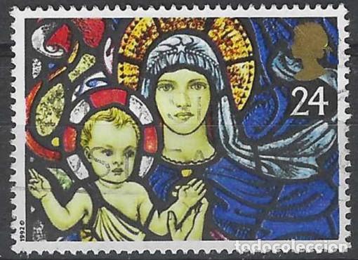Sellos: GRAN BRETA&Ntilde;A 1992 - NAVIDAD, VIDRIERAS, V&Iacute;RGEN Y NI&Ntilde;O, ST. MARY&acute;S, BILBURY - USADO