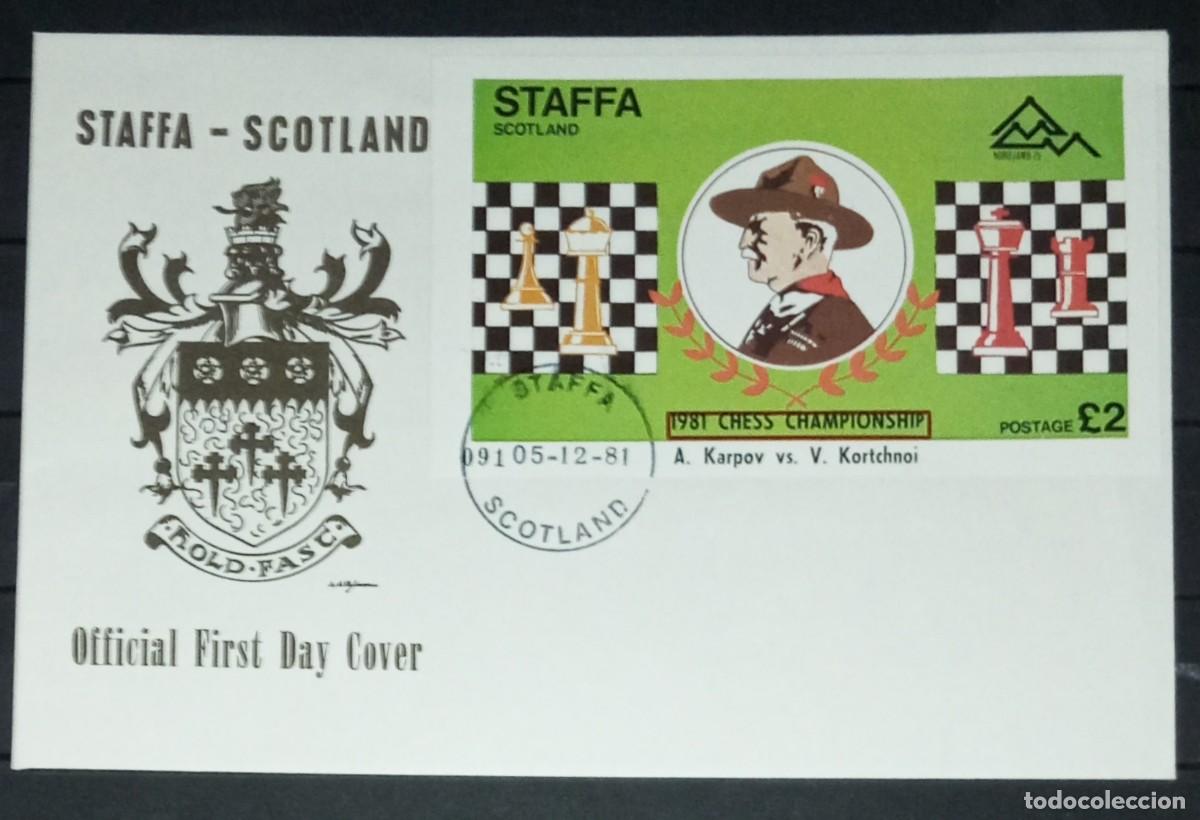 Sellos: GB LOCAL STAFFA 1981 SPD FDC BADEN POWELL SCOUTS CAMPEONATO DE AJEDREZ CHESS ECHECS SCHACH SCACCHI