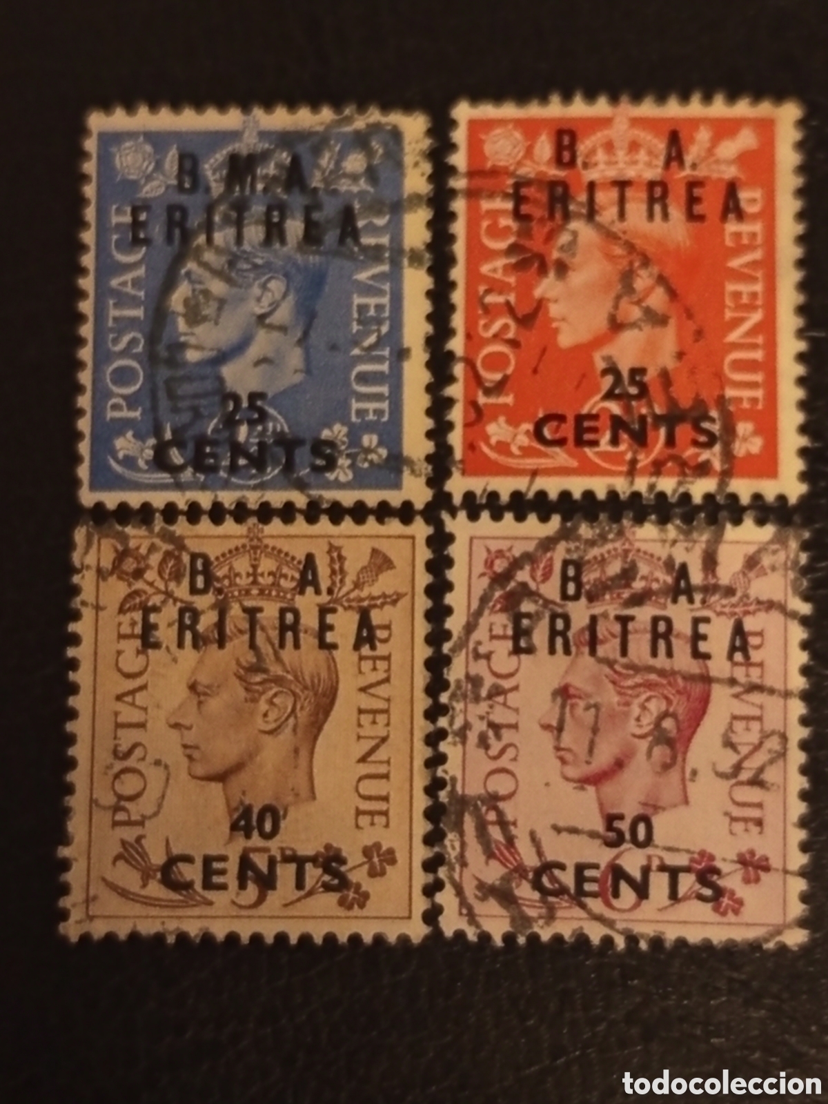 Sellos: Lote 4 Sellos Eritrea Ocupaci&oacute;n Brit&aacute;nica 1948-1950 Jorge VI - Scott #1-18 Usados