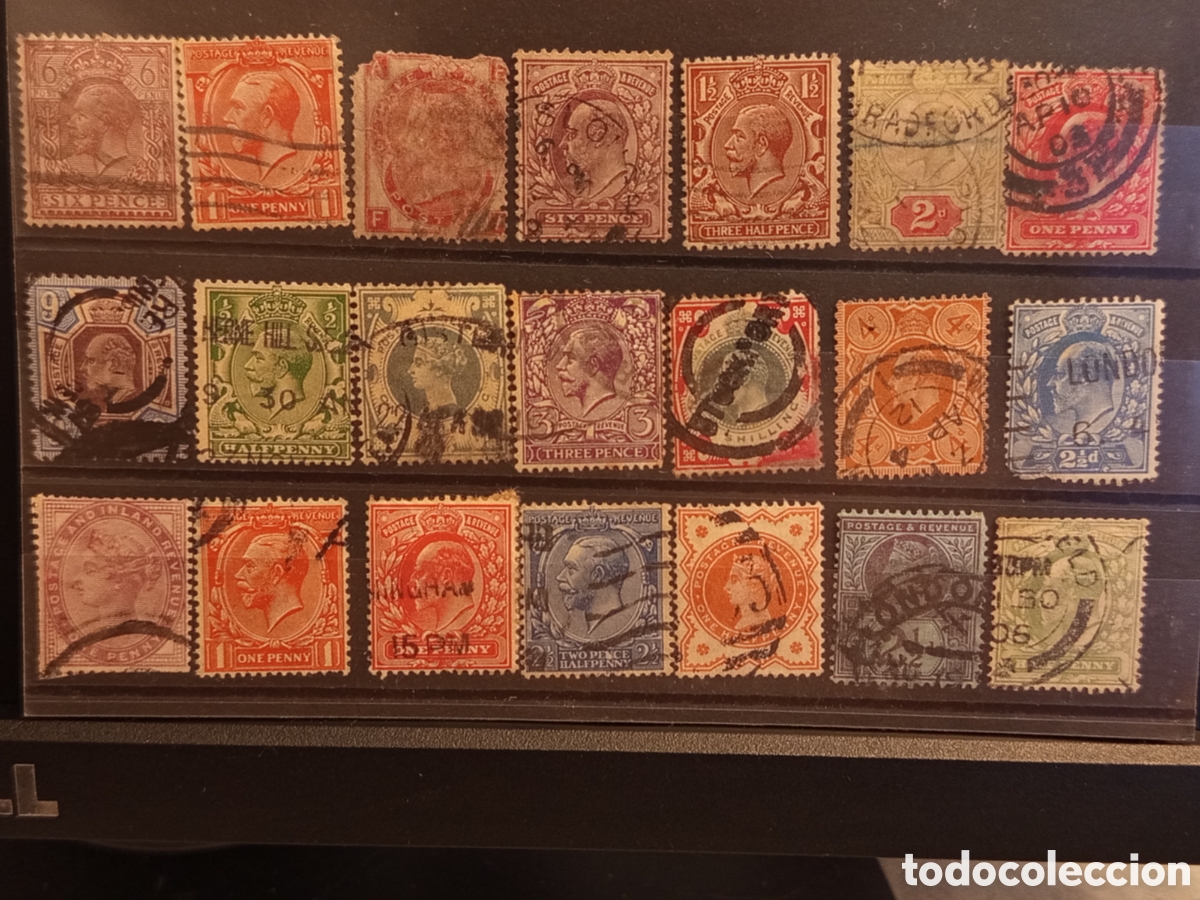 Sellos: Tarjeta con Lote de 21 Sellos Cl&aacute;sicos de Gran Breta&ntilde;a (A&ntilde;os 1902-1936)