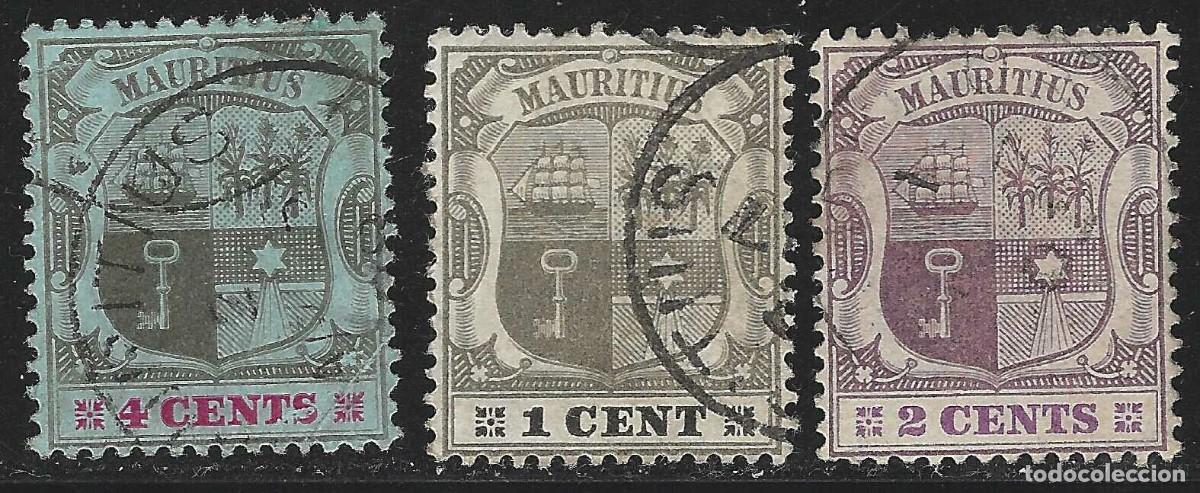 Sellos: MAURITIUS/1895-1904/USED/SC#92, 94, 100/ ESCUDO DE ARMAS/ WMK 2 / SET PARCIAL