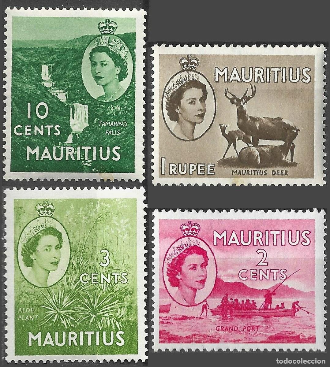 Sellos: MAURITIUS/1953-4/MNH/SC#251-2, 255, 250/ REINA ELIZABETH II/ QEII/ 1r CON PEQ MANCHA DE OXIDO