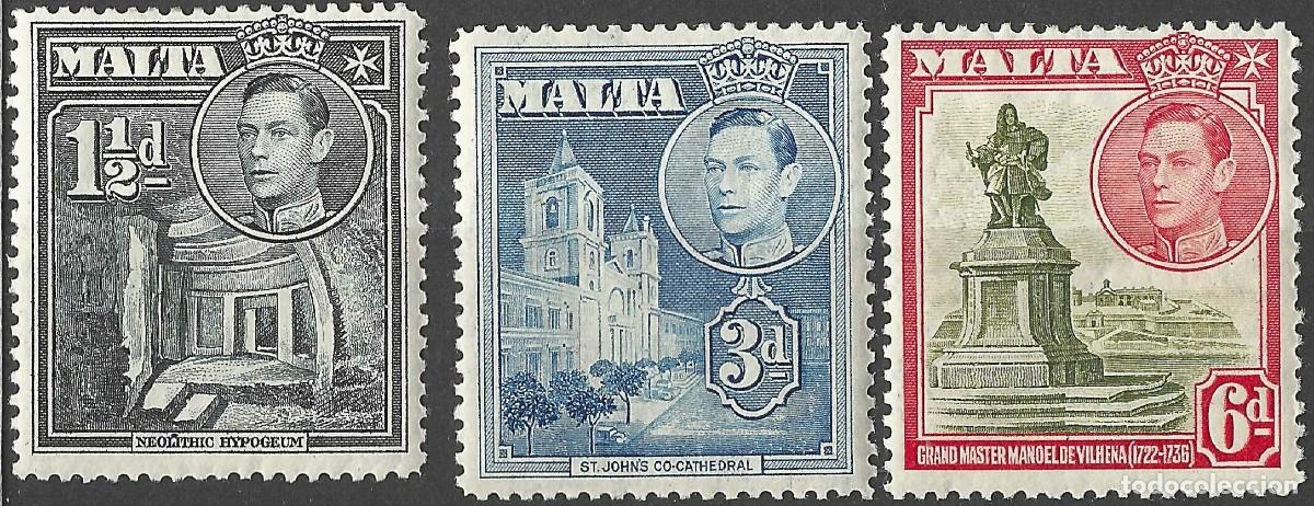 Sellos: MALTA/1938-43/MH/SC#194A, 197A, 199/ REY JORGE VI/ KGVI/ PAISAJES/ EDIFICIOS/ SET PARCIAL