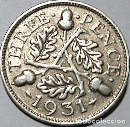 Sellos: Reino Unido, 3 peniques 1931 &rdquo;Jorge V (1910/1936)'' KM#831 PLATA./ Usada, Muy bonita, fotos.