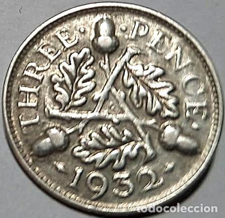 Sellos: Reino Unido, 3 peniques 1932 &rdquo;Jorge V (1910/1936)'' KM#831 PLATA./ Usada, Muy bonita, fotos.