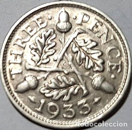 Sellos: Reino Unido, 3 peniques 1933 &rdquo;Jorge V (1910/1936)'' KM#831 PLATA./ Usada, Muy bonita, fotos.