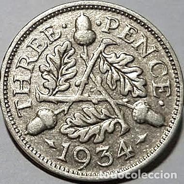 Sellos: Reino Unido, 3 peniques 1934 &rdquo;Jorge V (1910/1936)'' KM#831 PLATA./ Usada, Muy bonita, fotos.
