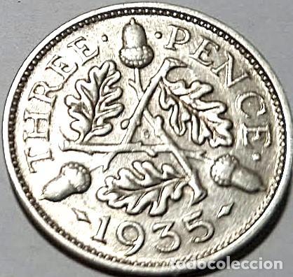 Sellos: Reino Unido, 3 peniques 1935 &rdquo;Jorge V (1910/1936)'' KM#831 PLATA./ Usada, Muy bonita, fotos.