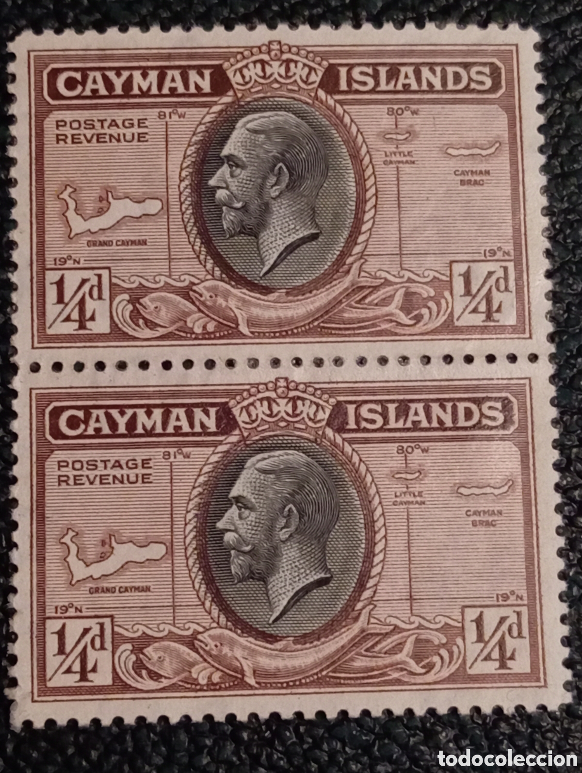 Sellos: Pareja Vertical de Sellos Islas Caim&aacute;n 1935 Mapa y Rey Jorge V 1/4d Scott #85
