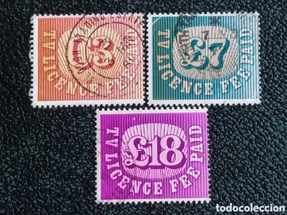 Sellos: &rdquo;GB TV Licence Fee Paid Barefoot lote 3 valores &pound;3 &pound;7 &pound;18 usado&rdquo;
