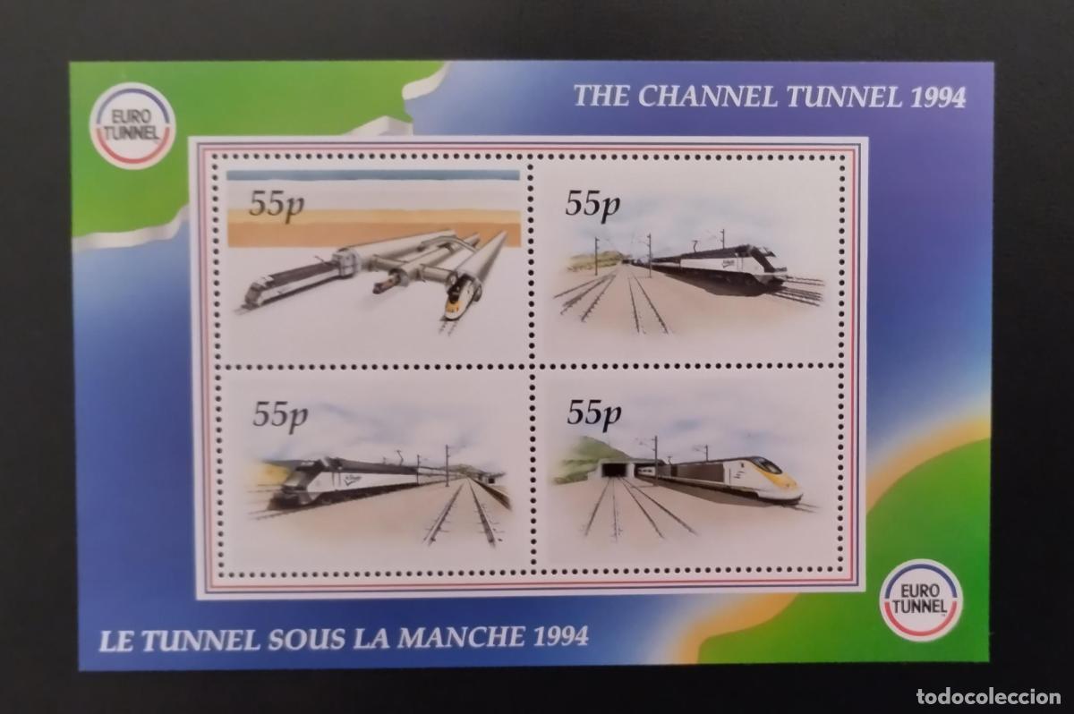 Sellos: GB Bloque 4 sellos Eurot&uacute;nel 1994 55p trenes t&uacute;nel Canal Mancha Eurostar