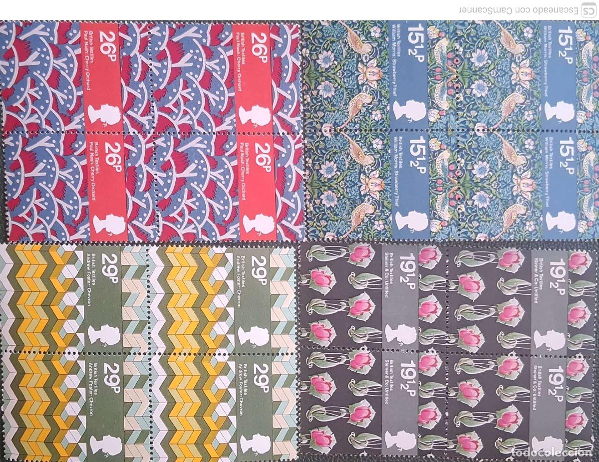 Sellos: Gran Breta&ntilde;a. 1052/55 Los textiles brit&aacute;nicos, en bloque de cuatro. 1982. Sellos nuevos y numeraci