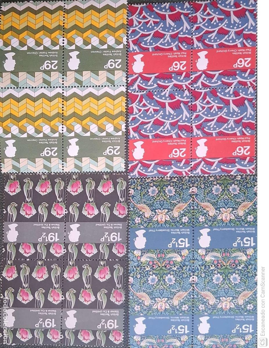 Sellos: Gran Breta&ntilde;a. 1052/55 Los textiles brit&aacute;nicos, en bloque de cuatro. 1982. Sellos nuevos y numeraci