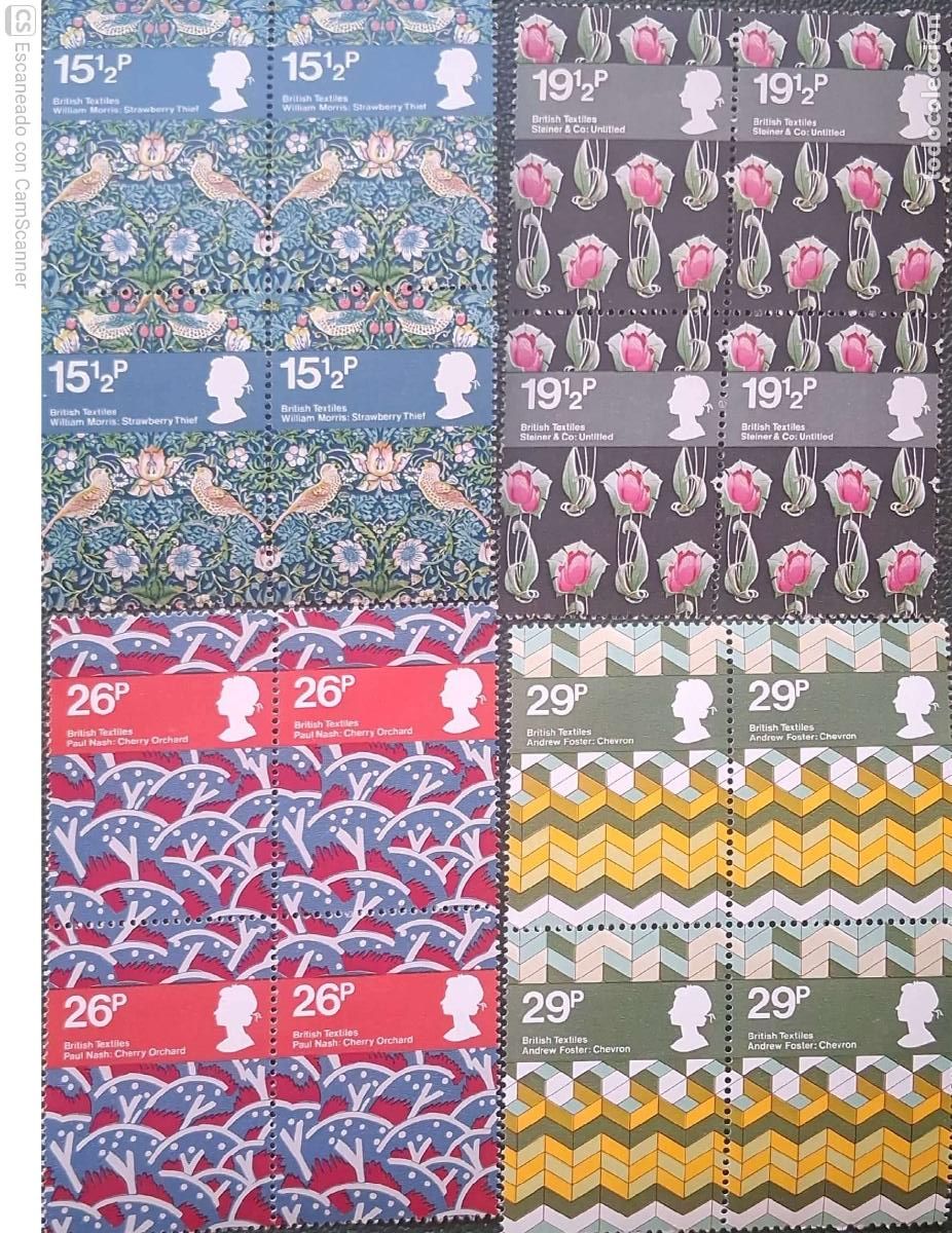 Sellos: Gran Breta&ntilde;a. 1052/55 Los textiles brit&aacute;nicos, en bloque de cuatro. 1982. Sellos nuevos y numeraci