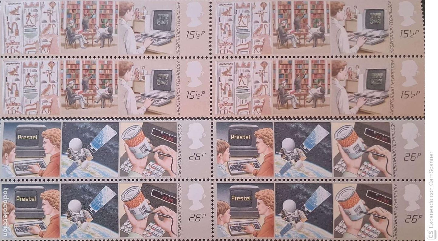 Sellos: Gran Breta&ntilde;a. 1056/57 A&ntilde;o de la informaci&oacute;n y de la tecnolog&iacute;a, en bloque de cuatro. 1982. Sellos