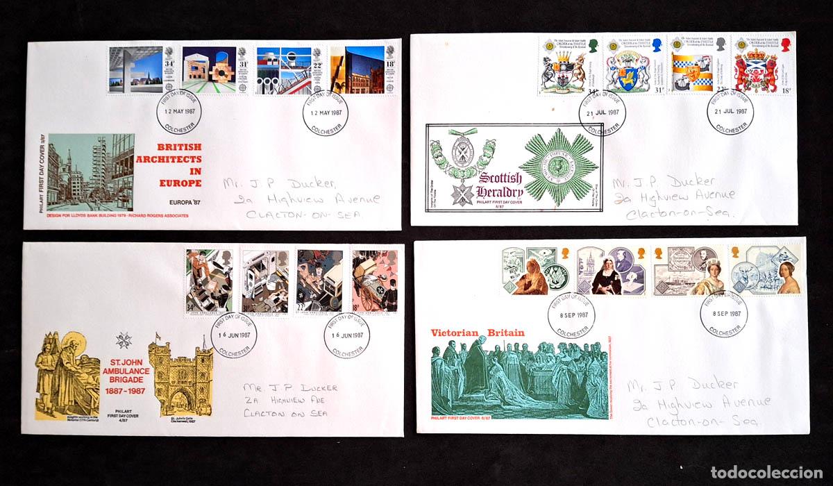 Sellos: 1987, 4 sobres de Primer D&iacute;a Gran Breta&ntilde;a con sellos nuevos MNH **