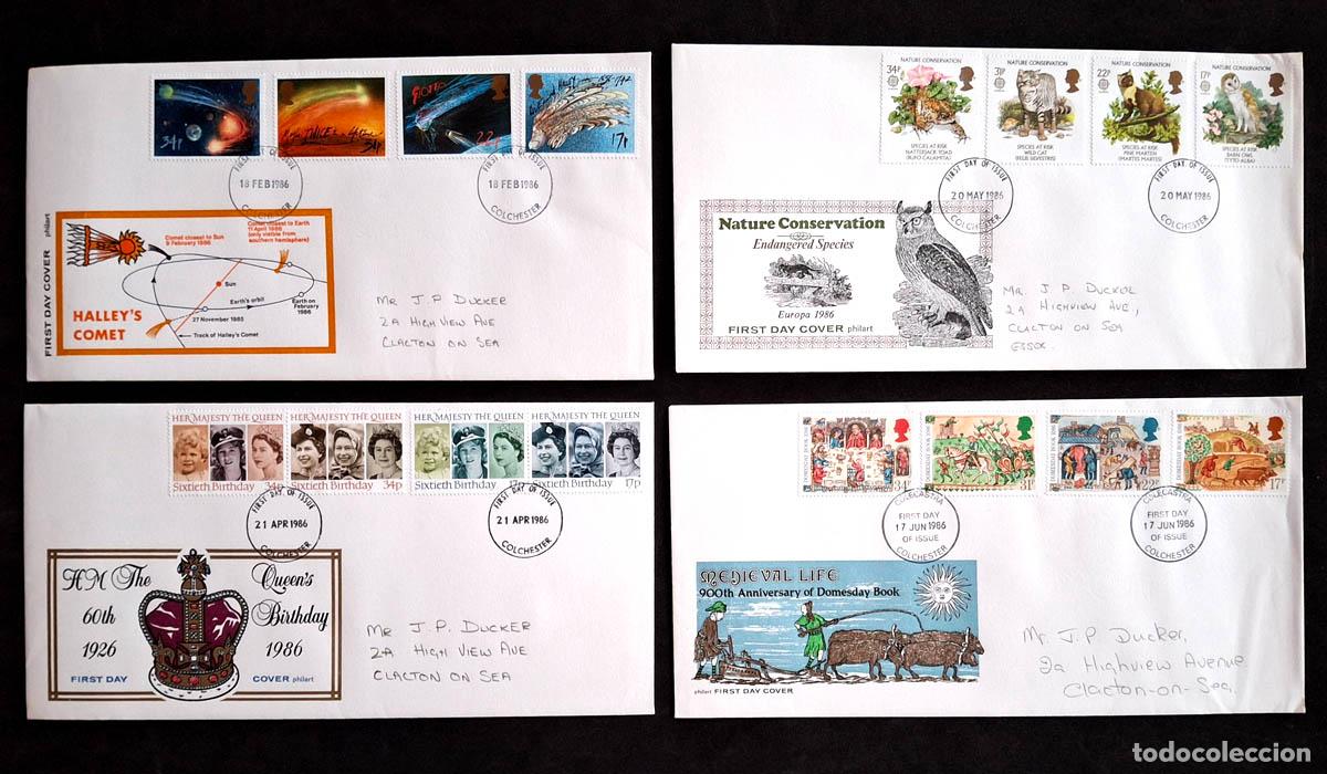 Sellos: 1986, 4 sobres de Primer D&iacute;a Gran Breta&ntilde;a con sellos nuevos MNH **