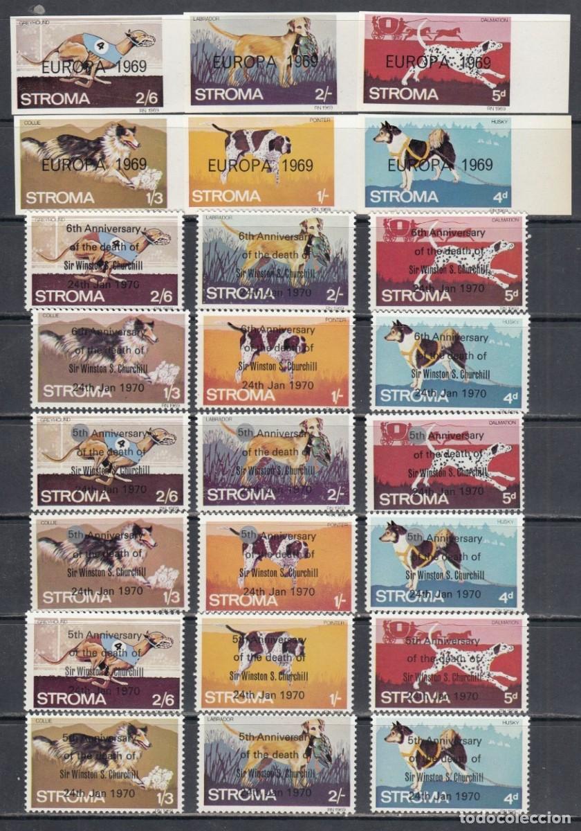 Sellos: GB LOCAL STROMA 1969-70 24 STAMPS MNH OVERPRINTED CHURCHILL COLECCION PERF IMPERF DOGS CHIENS PERROS