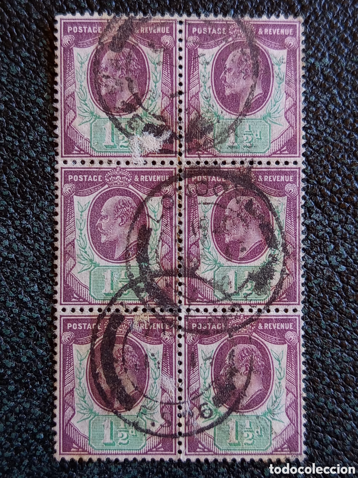 Sellos: Raro Bloque 6 Sellos Gran Breta&ntilde;a 1902 Eduardo VII 1,1/2d Bicolor Cat Michel #99