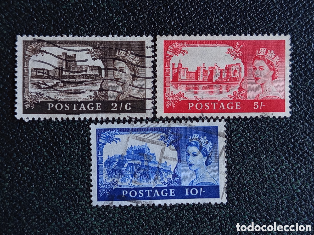 Sellos: Set 3 Sellos Gran Breta&ntilde;a Castillo Isabel II 2/6 5/ 10/ SG #536-538 Usados