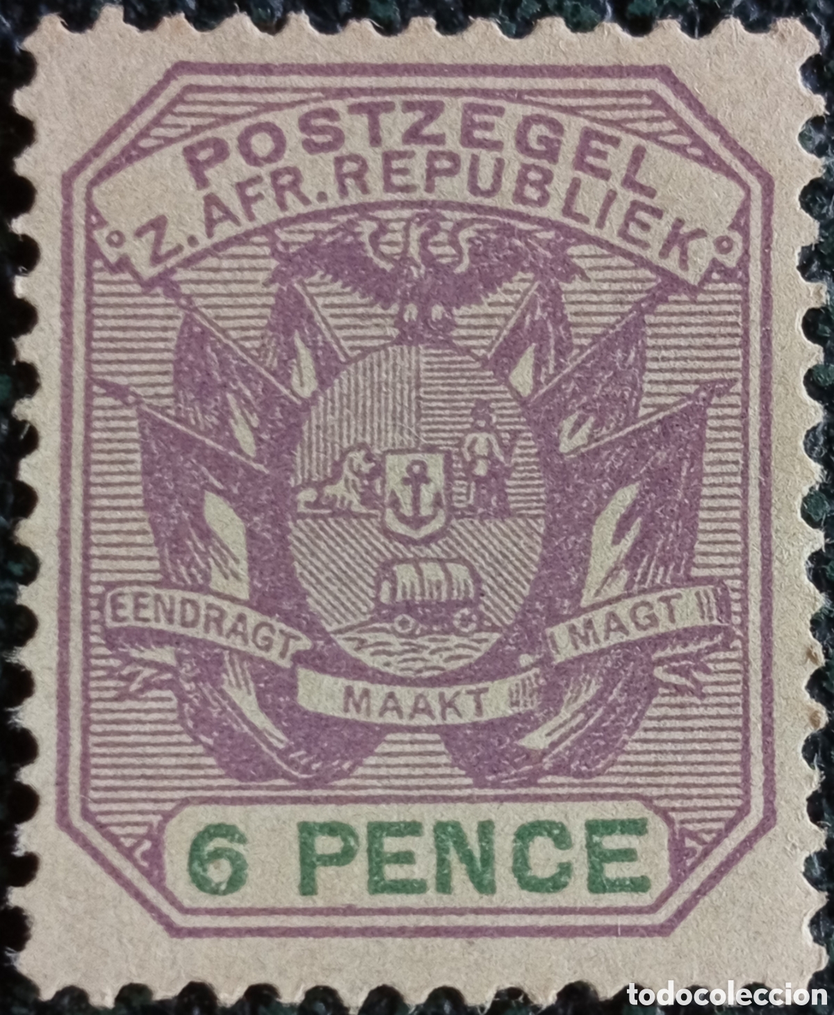 Sellos: Transvaal 1895 Rep&uacute;blica Sudafricana Sello 6 Pence Violeta Escudo de Armas MNH