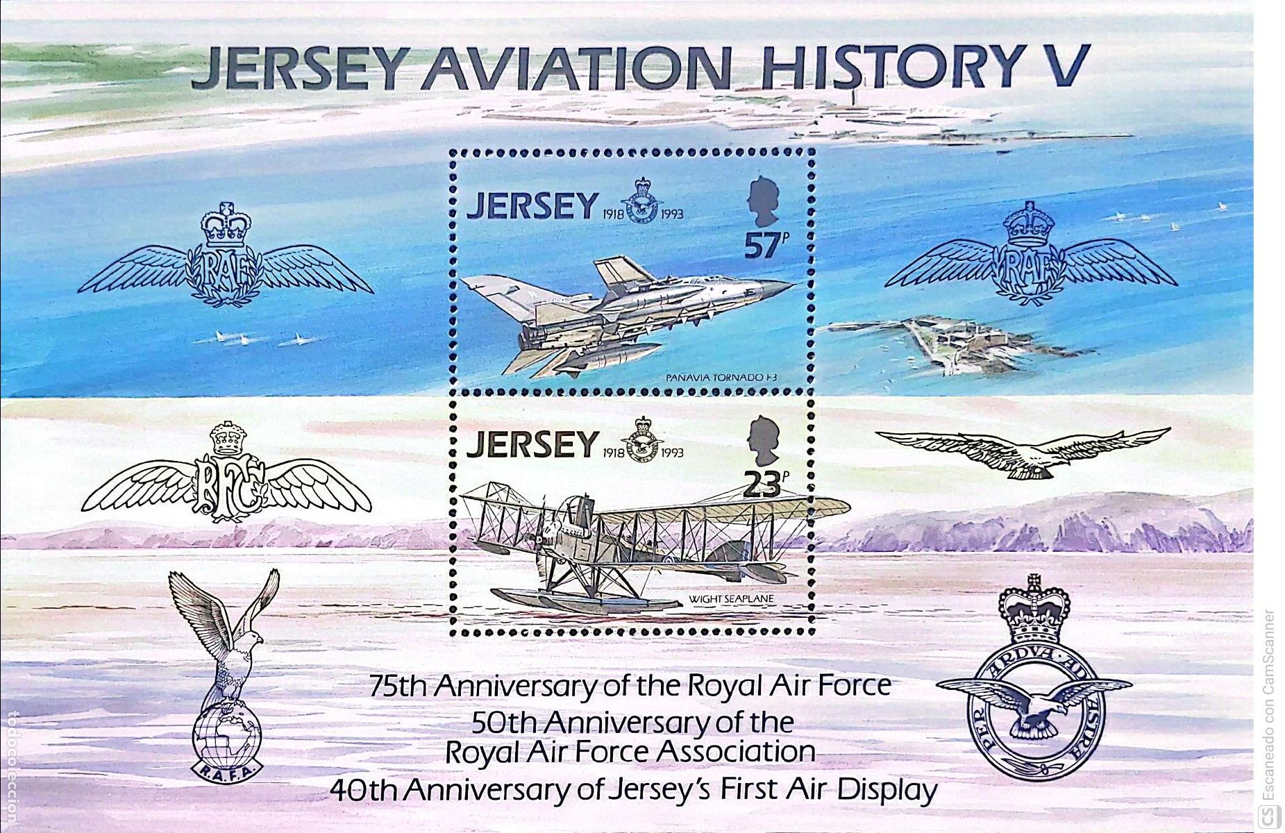 Sellos: Jersey. HB 7 Historia de la Aviaci&oacute;n: Aniversario de la RAF: Aviones militares. 1993. ﻿Sellos nuev