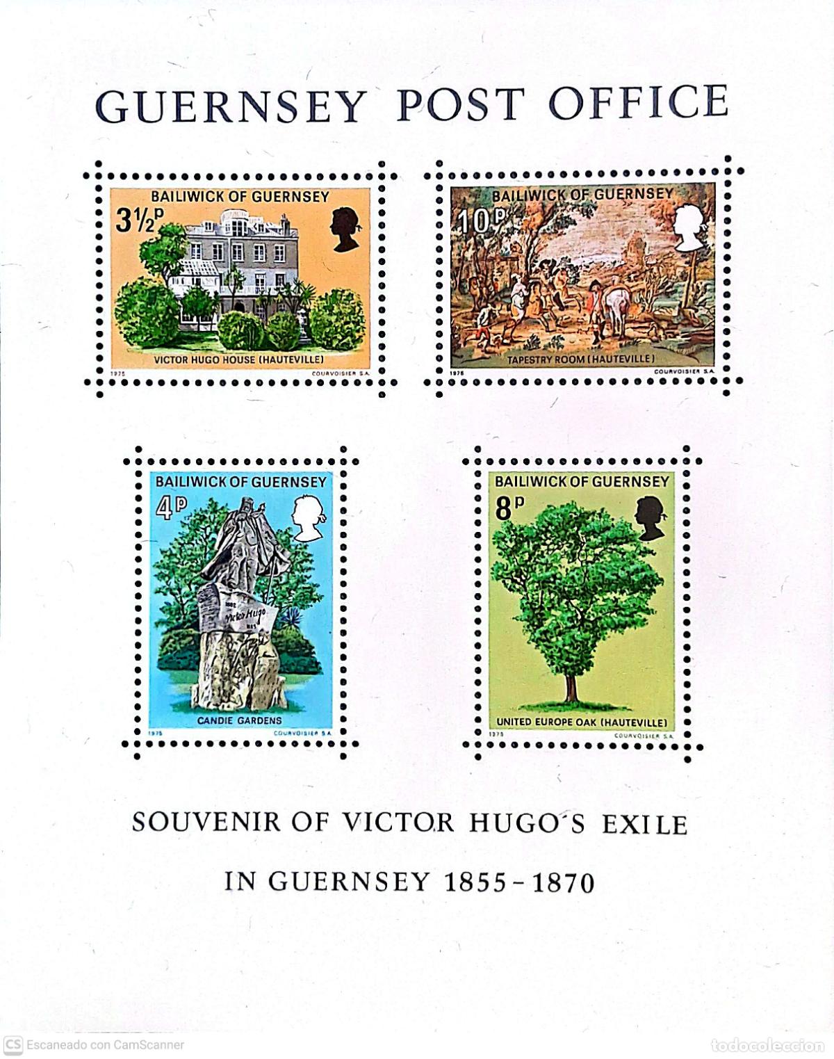 Sellos: Guernesey. HB 1 Exilio de Victor Hugo en Guernesey. 1975. Sellos nuevos y numeraci&oacute;n Yvert