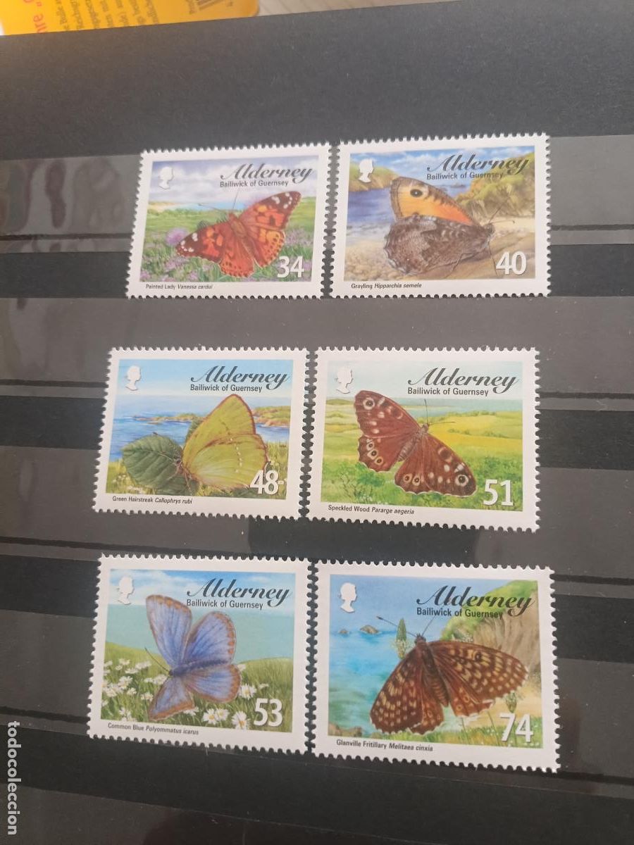 Sellos: Alderney, Islas del Canal. Serie nueva de 6 sellos. Mariposas