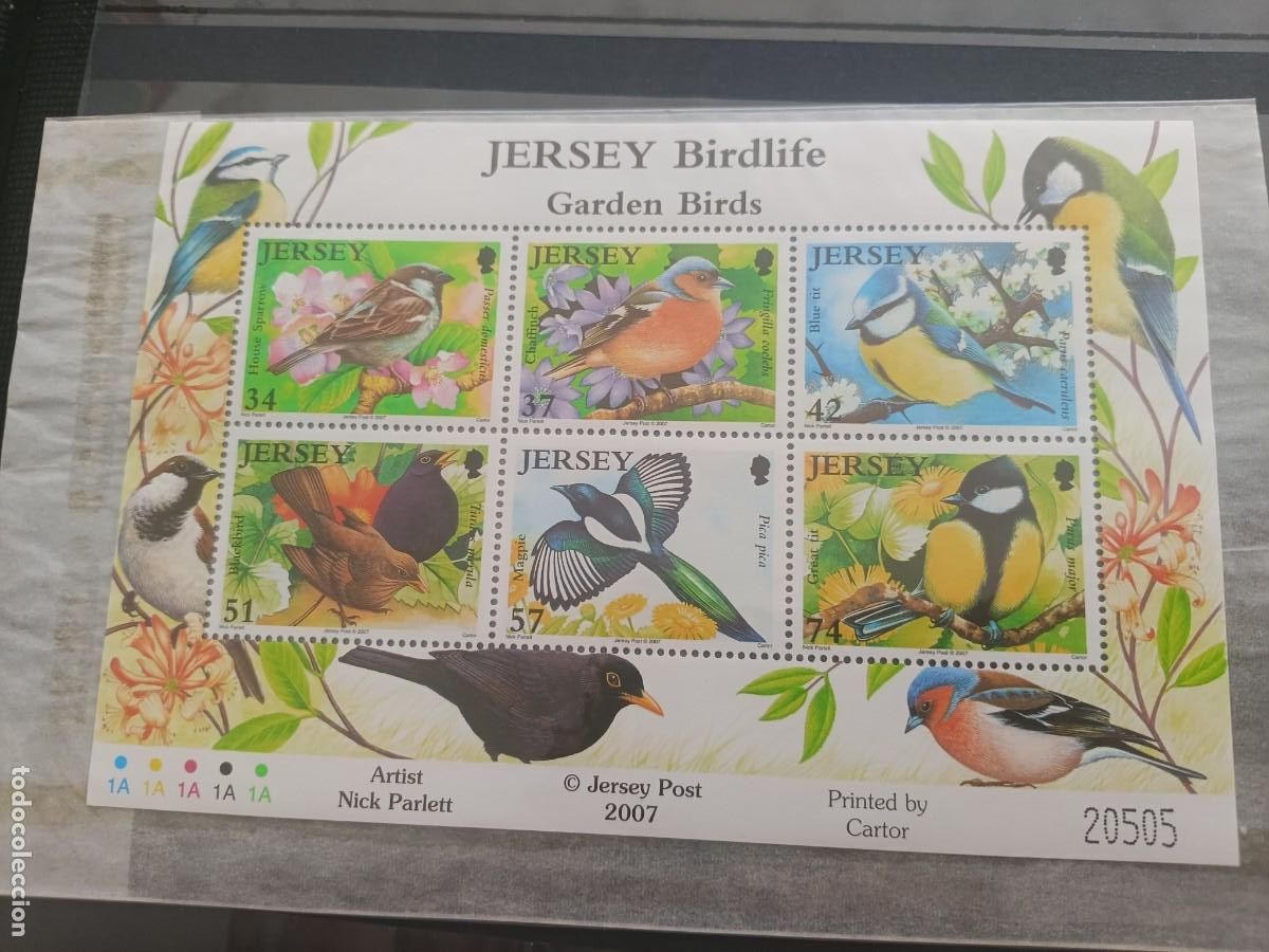 Sellos: Jersey. P&aacute;jaros, aves. Hojita nueva 2007