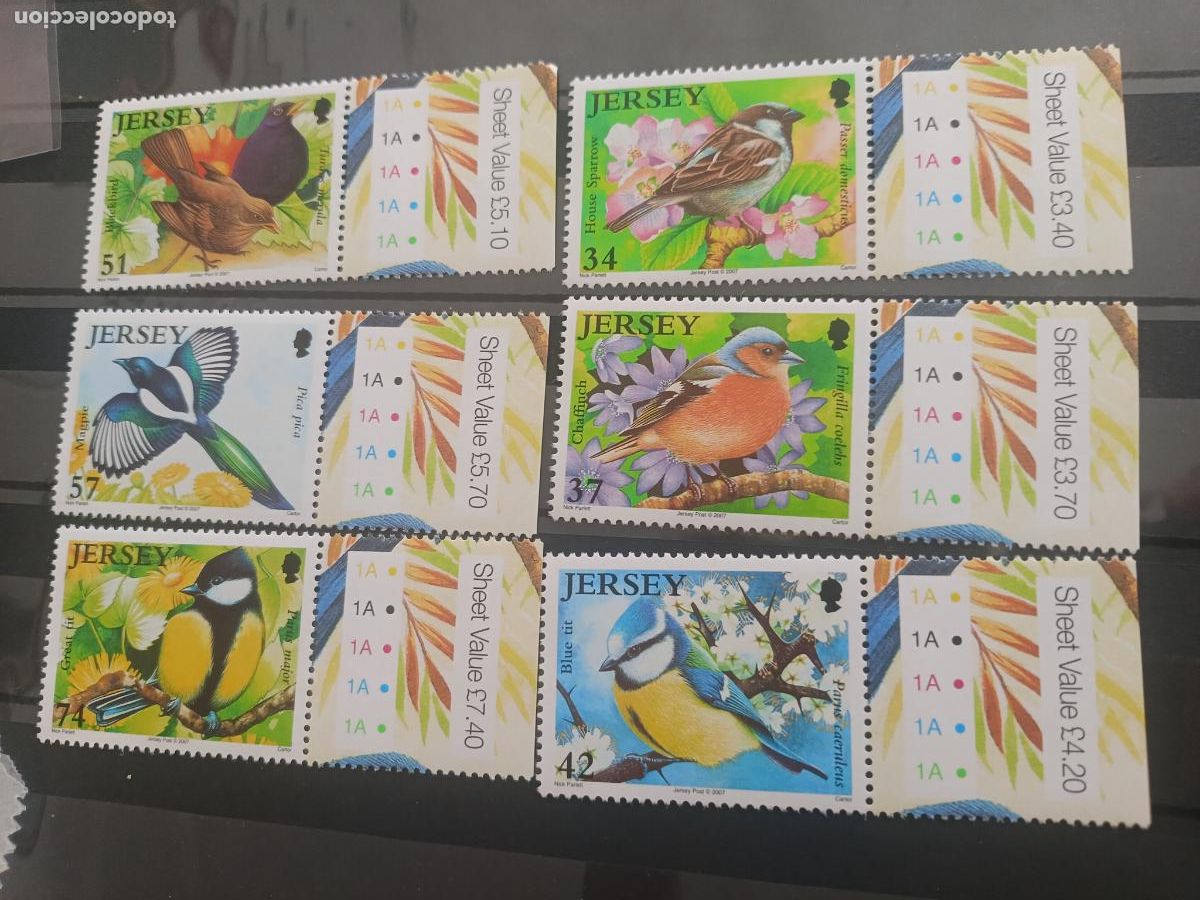 Sellos: Jersey, lote 6 de sellos nuevos. Aves