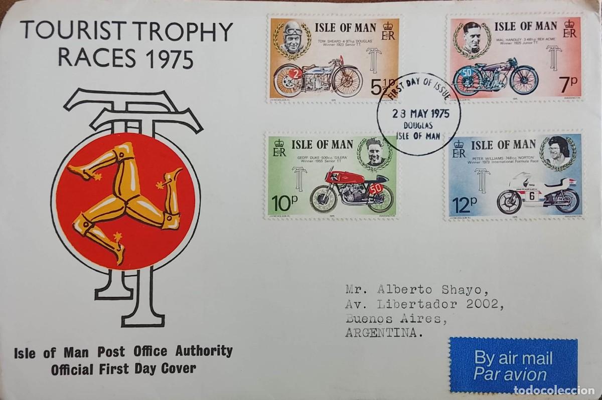 Francobolli: TS) 1975, ENGLAND, FROM DOUGLAS (ISLE OF MAN) TO BUENOS AIRES, FIRST DAY COVER, AIRMAIL, &rdquo;MOTORCYCLE