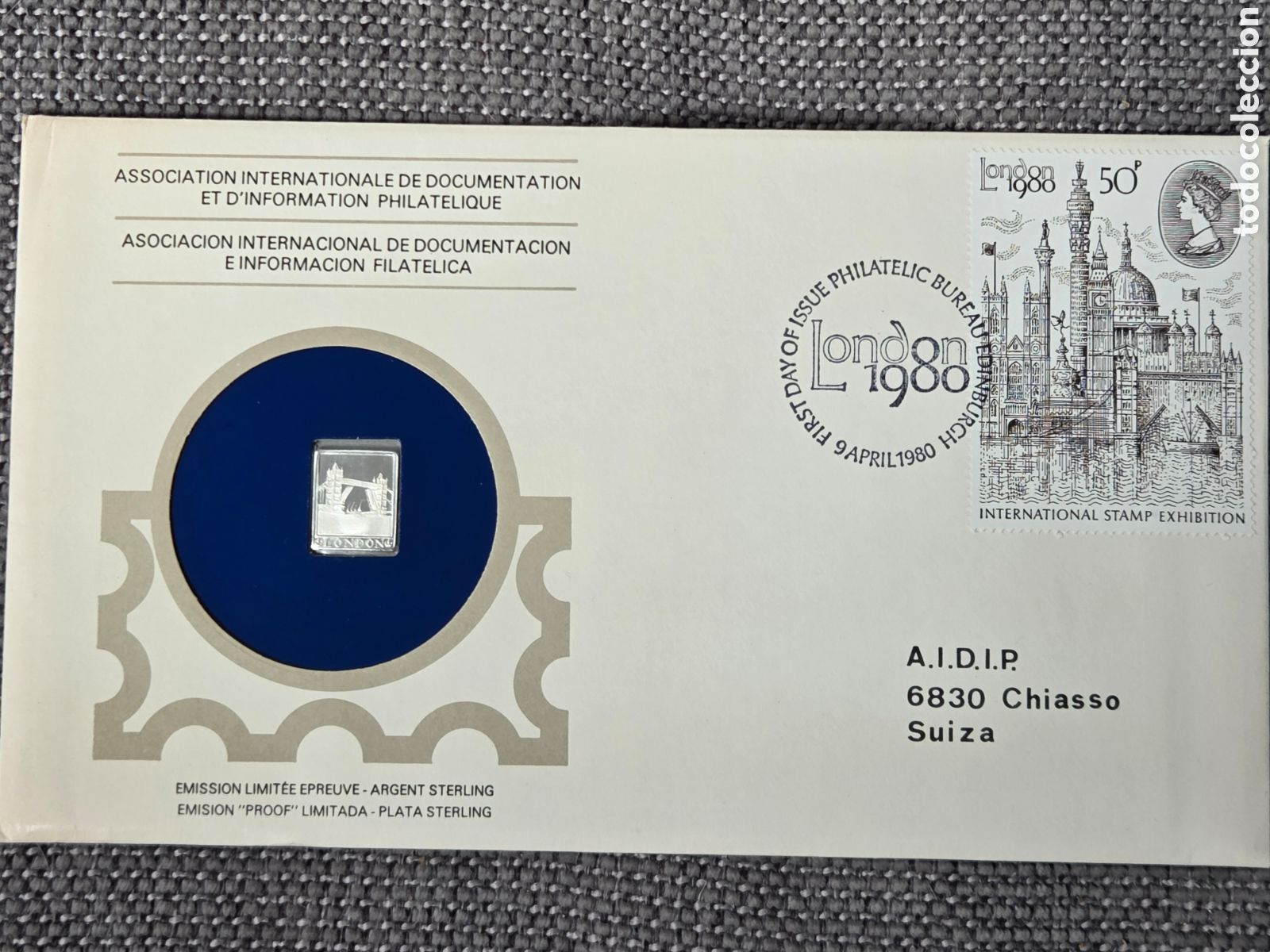Sellos: LINGOTE DE PLATA PURA DEC1 GRAMO EN SOBRE DE PRIMERCD&Iacute;A LONDRES 1980