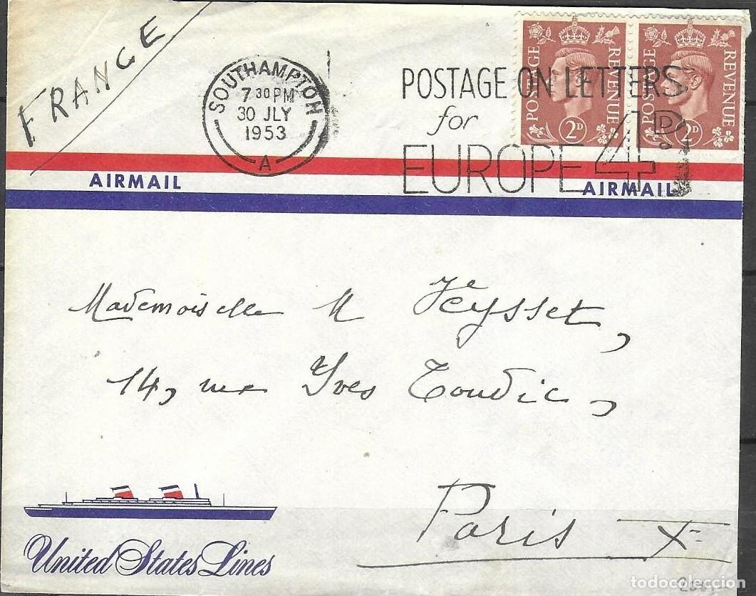Sellos: Sobre Mar&iacute;timo / A&eacute;reo 1953 Compa&ntilde;&iacute;a United States Lines - Southampton a Par&iacute;s - Matasellos de Rodil