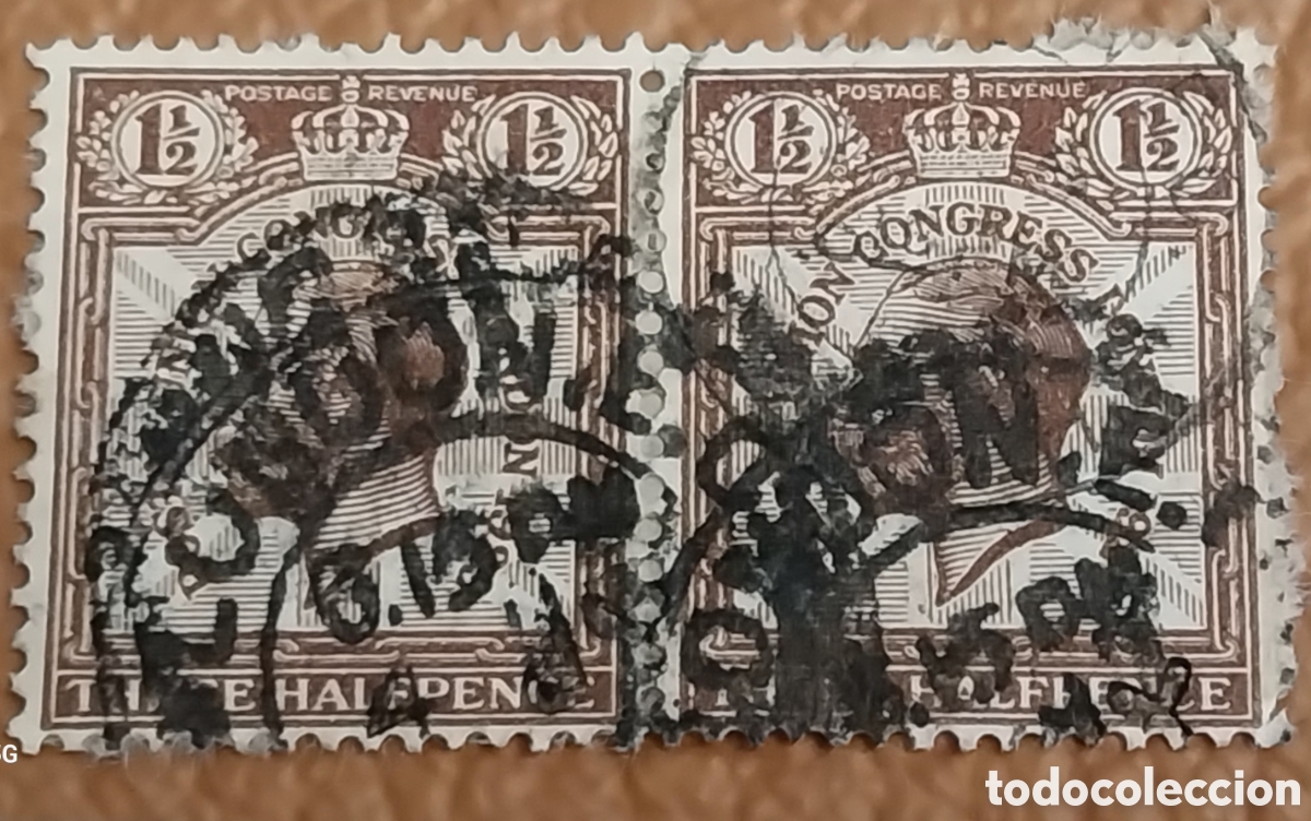 Stamps: Pareja Sellos Gran Breta&ntilde;a 1929 Congreso Postal UPU 1&frac12;d Marr&oacute;n Cat SG 436 Usado
