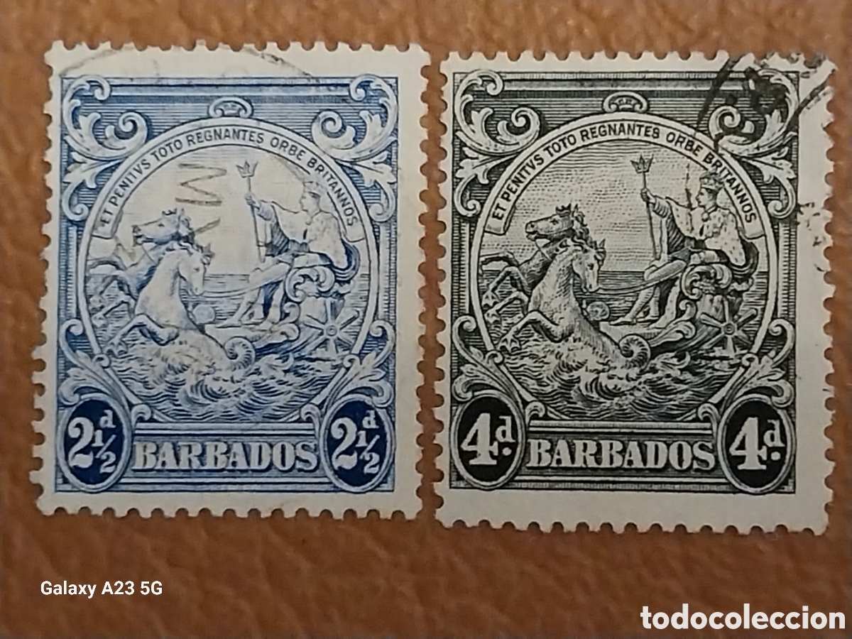 Stamps: Pareja Sellos Barbados 1916 Carro Britania 2&frac12;d y 4d Usados Cat SG 187 y SG 189