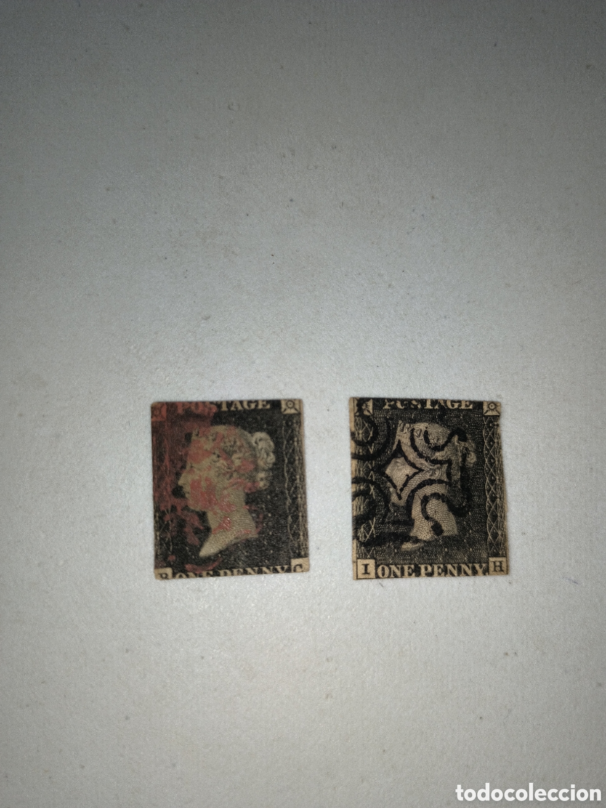 Stamps: Gran Breta&ntilde;a,lote dos sellos penique negro,1840, cancelaci&oacute;n cruz de malta